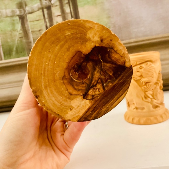 Handcrafted Carved Wooden Vase Pencil Holder Gift Set Of 2 Office Décor Vintage - Picture 4 of 15